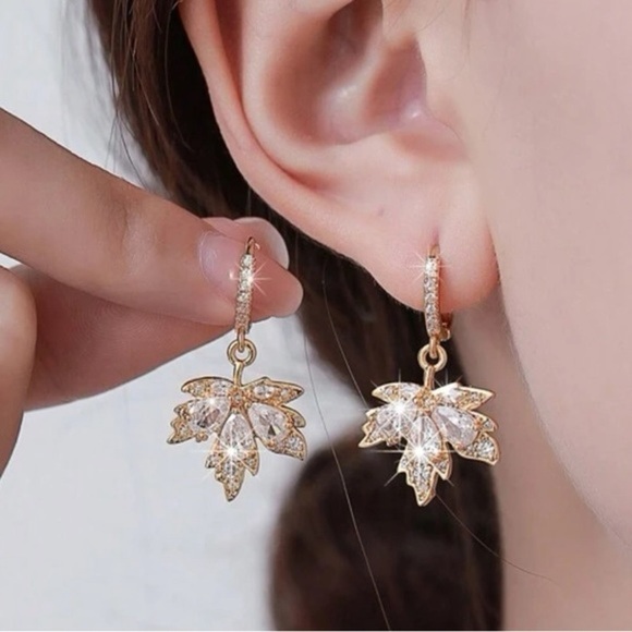 18k Gold Plated Jeweled Maple Leaf Huggie Earrings - Picture 1 of 10